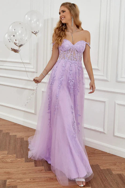 Romantic A-Line Off-Shoulder Lace Lavender Floor-Length Party Dress
