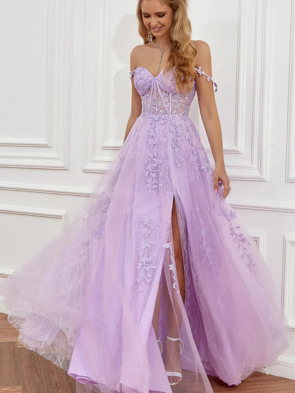 Romantic A-Line Off-Shoulder Lace Lavender Floor-Length Party Dress