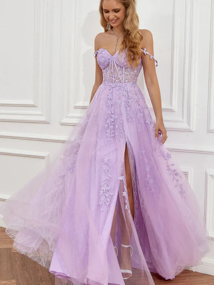 Romantic A-Line Off-Shoulder Lace Lavender Floor-Length Party Dress