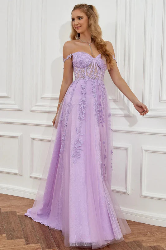 Romantic A-Line Off-Shoulder Lace Lavender Floor-Length Party Dress