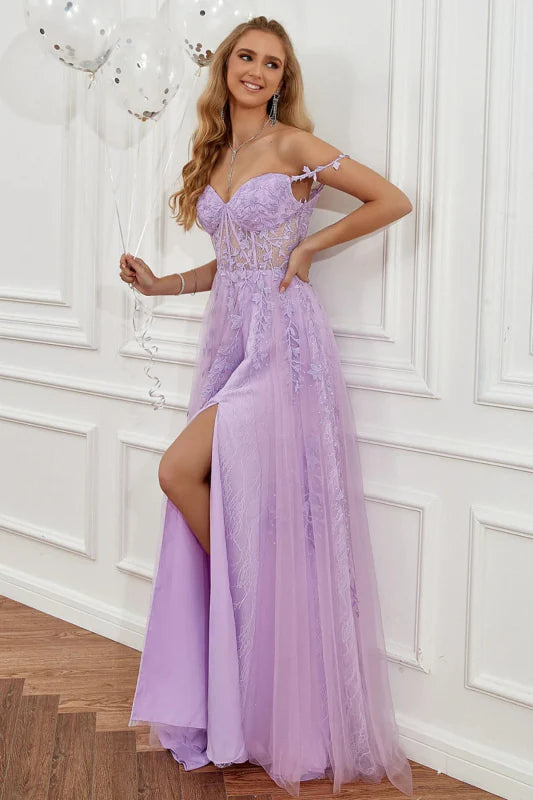 Romantic A-Line Off-Shoulder Lace Lavender Floor-Length Party Dress