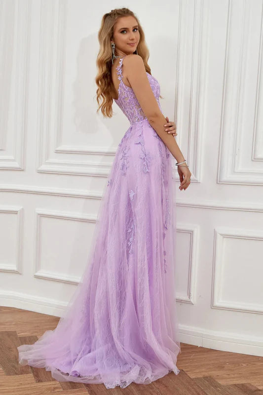 Romantic A-Line Off-Shoulder Lace Lavender Floor-Length Party Dress