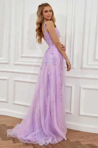 Romantic A-Line Off-Shoulder Lace Lavender Floor-Length Party Dress
