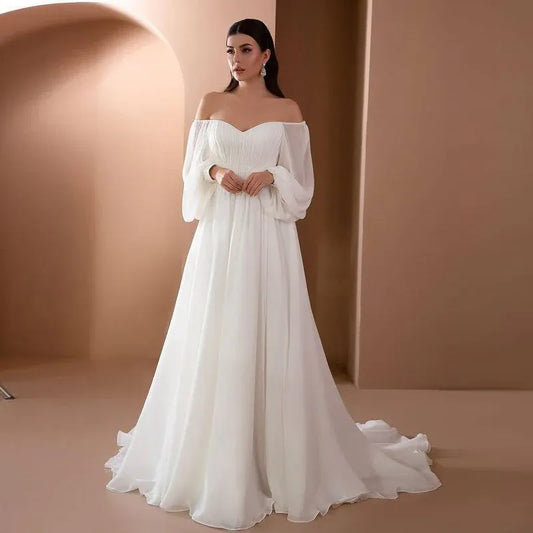Romantic A-Line Off-Shoulder Long-Sleeve Chiffon White Prom Dress With Train
