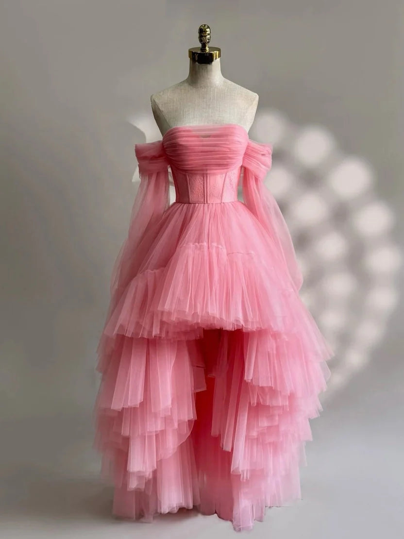 Romantic A-Line Off-Shoulder Long-Sleeves Lace-Up High-Low Prom Dress
