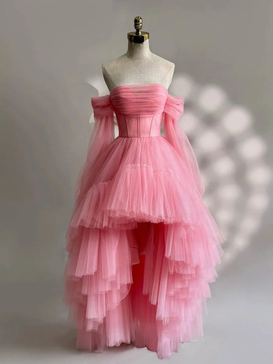 Romantic A-Line Off-Shoulder Long-Sleeves Lace-Up High-Low Prom Dress