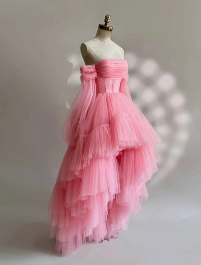 Romantic A-Line Off-Shoulder Long-Sleeves Lace-Up High-Low Prom Dress