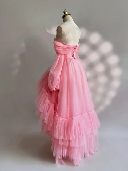Romantic A-Line Off-Shoulder Long-Sleeves Lace-Up High-Low Prom Dress