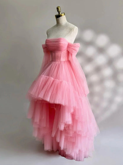 Romantic A-Line Off-Shoulder Long-Sleeves Lace-Up High-Low Prom Dress