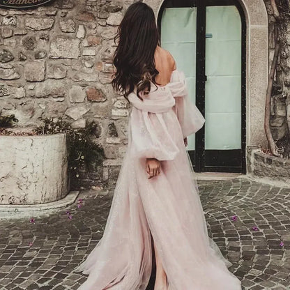 Romantic A-Line Off-Shoulder Puff-Sleeve Slit Glitter Blush Pink Floor-Length Prom Dress