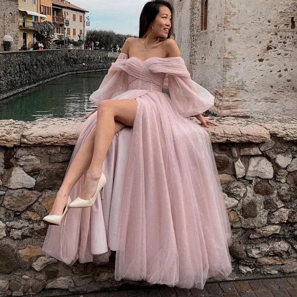 Romantic A-Line Off-Shoulder Puff-Sleeve Slit Glitter Blush Pink Floor-Length Prom Dress