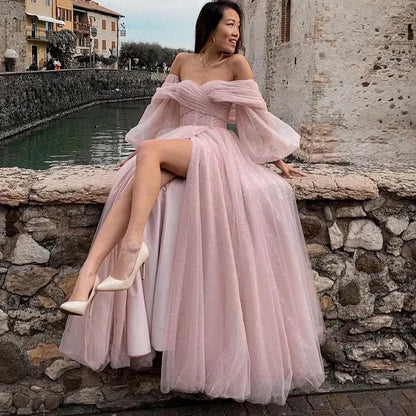 Romantic A-Line Off-Shoulder Puff-Sleeve Slit Glitter Blush Pink Floor-Length Prom Dress