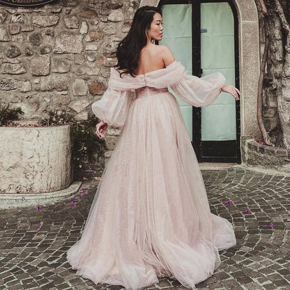 Romantic A-Line Off-Shoulder Puff-Sleeve Slit Glitter Blush Pink Floor-Length Prom Dress