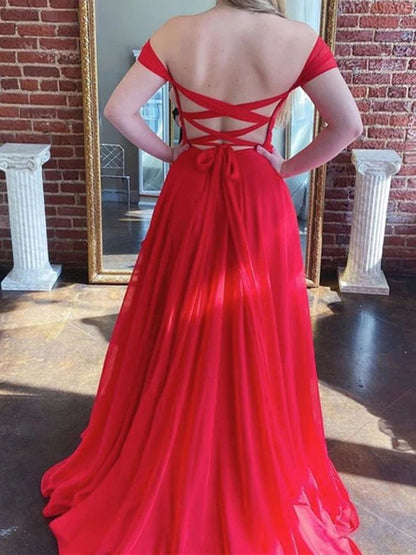 Romantic A-Line Off-Shoulder Short Sleeve Tulle Red Floor-Length Prom Dress