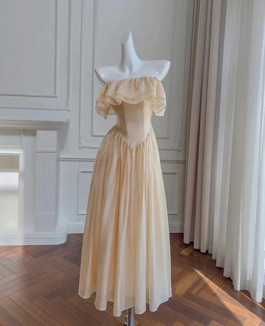 Romantic A-Line Off-Shoulder Sleeveless Ruffled Champagne Midi Prom Dress for Women Ready to Ship