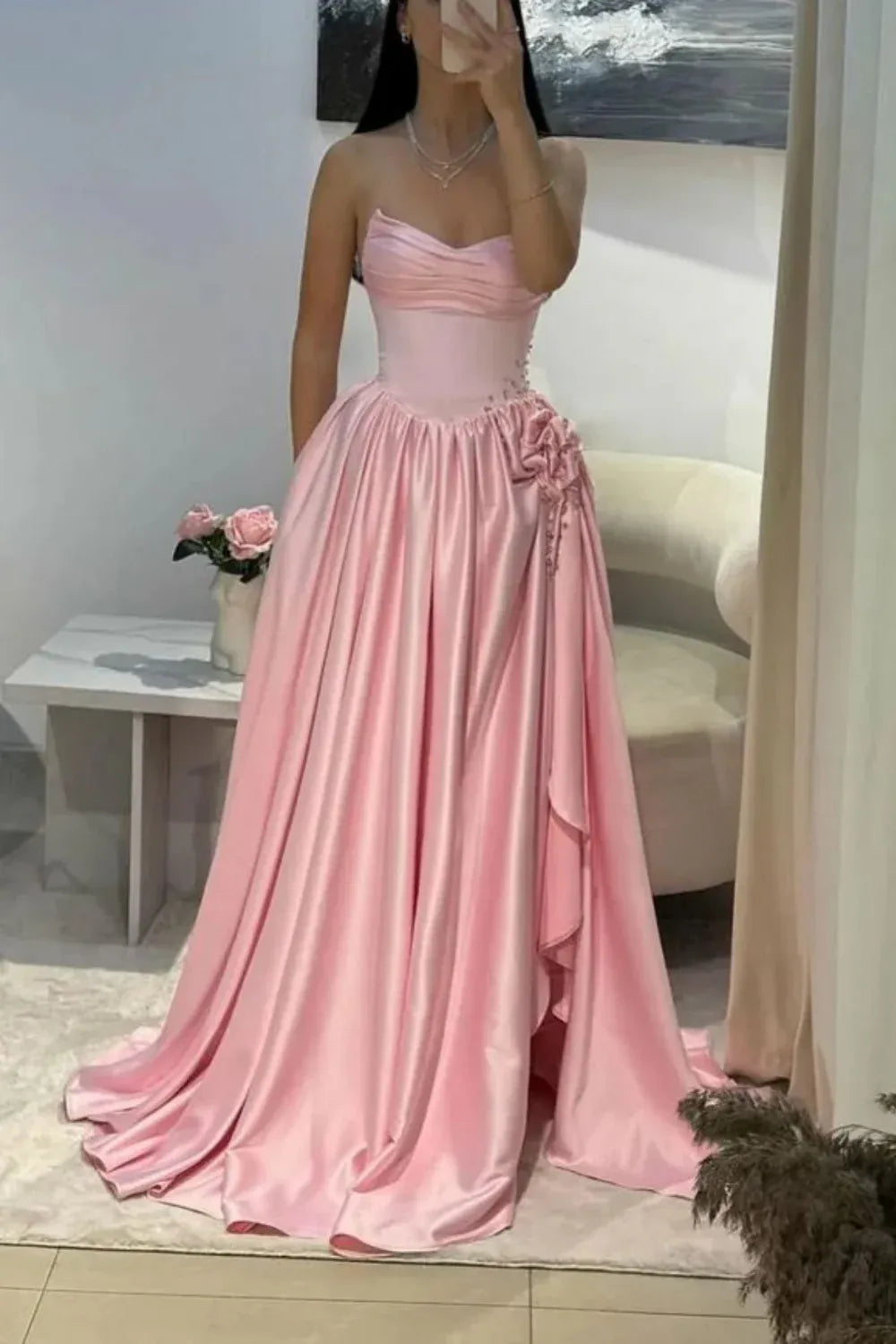 Romantic A-Line Off the Shoulder Sleeveless Satin Floor-Length Lace Up Prom Dress