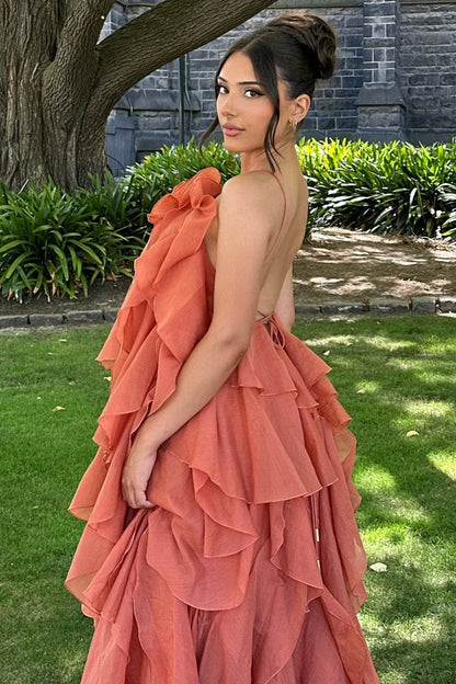 Romantic A-Line One-Shoulder Tiered Ruffled Terracotta Floor-Length Prom Dress