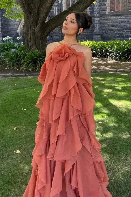 Romantic A-Line One-Shoulder Tiered Ruffled Terracotta Floor-Length Prom Dress