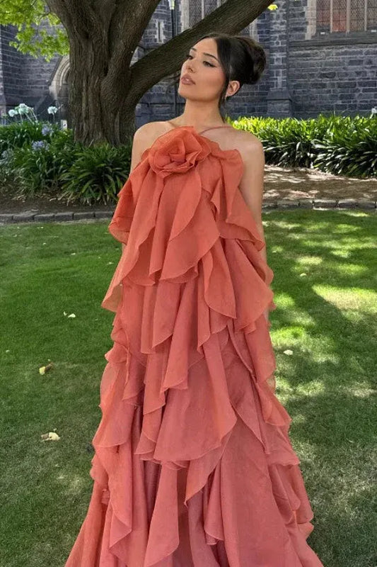 Romantic A-Line One-Shoulder Tiered Ruffled Terracotta Floor-Length Prom Dress