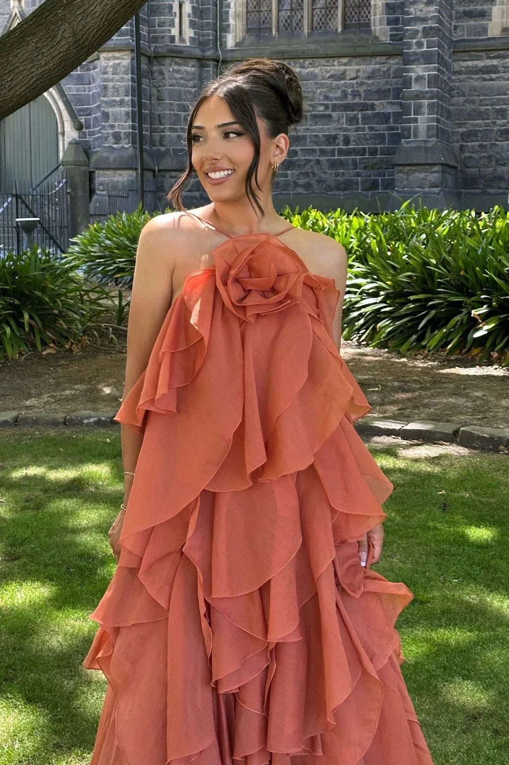 Romantic A-Line One-Shoulder Tiered Ruffled Terracotta Floor-Length Prom Dress