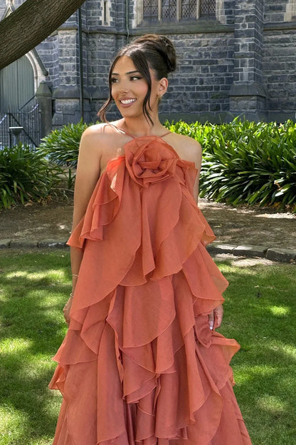 Romantic A-Line One-Shoulder Tiered Ruffled Terracotta Floor-Length Prom Dress