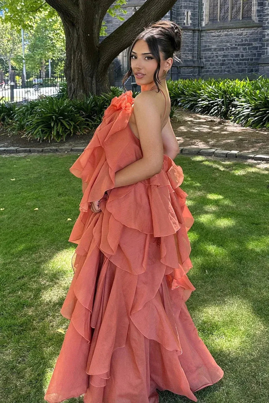 Romantic A-Line One-Shoulder Tiered Ruffled Terracotta Floor-Length Prom Dress