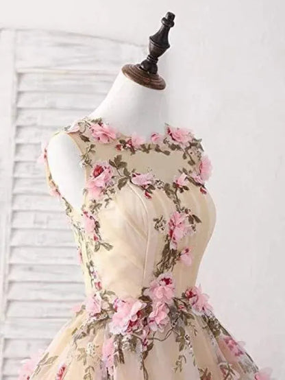 Romantic A-Line Round Neck Floral Applique Champagne Knee-Length Homecoming Dress for Women