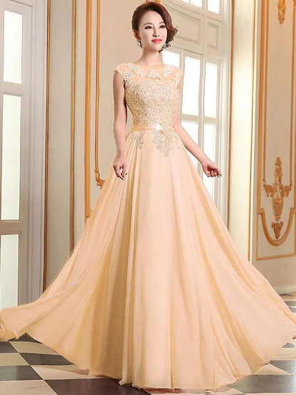 Romantic A-Line Scoop Neck Sleeveless Lace Chiffon Prom Dress