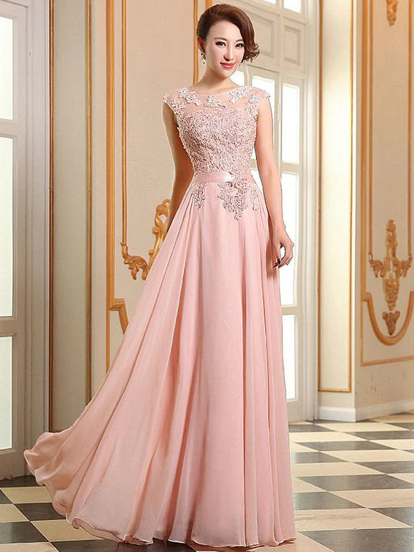 Romantic A-Line Scoop Neck Sleeveless Lace Chiffon Prom Dress