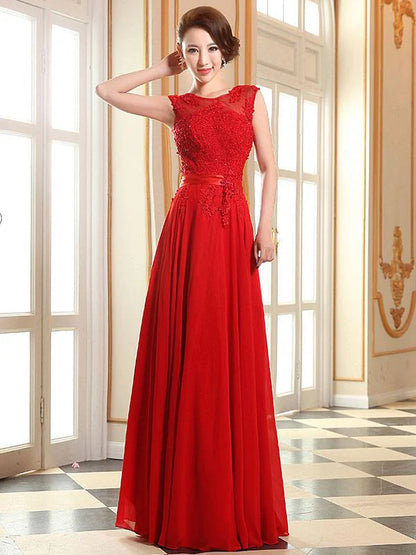 Romantic A-Line Scoop Neck Sleeveless Lace Chiffon Prom Dress