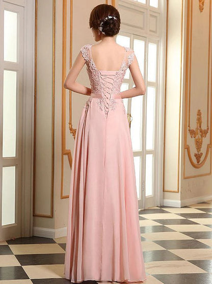 Romantic A-Line Scoop Neck Sleeveless Lace Chiffon Prom Dress