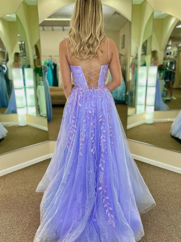 Romantic A-Line Spaghetti Strap Lace Lavender Floor-Length Party Dress