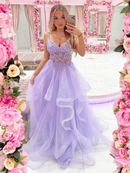 Romantic A-Line Spaghetti Strap Lace Lavender Floor-Length Party Dress