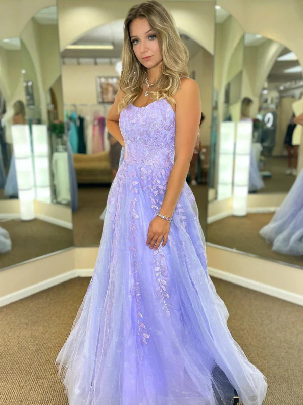 Romantic A-Line Spaghetti Strap Lace Lavender Floor-Length Party Dress