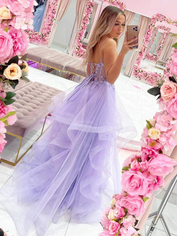 Romantic A-Line Spaghetti Strap Lace Lavender Floor-Length Party Dress