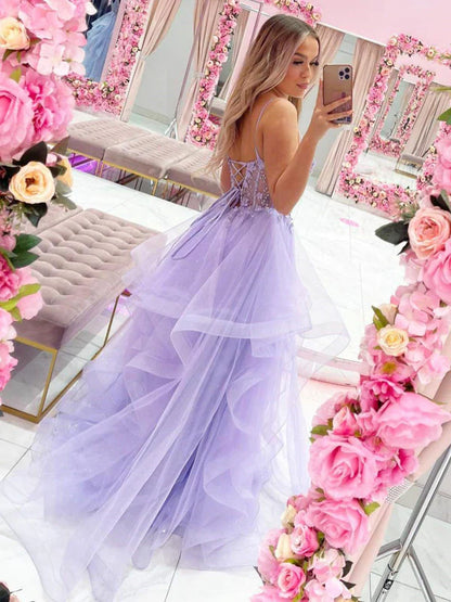 Romantic A-Line Spaghetti Strap Lace Lavender Floor-Length Party Dress