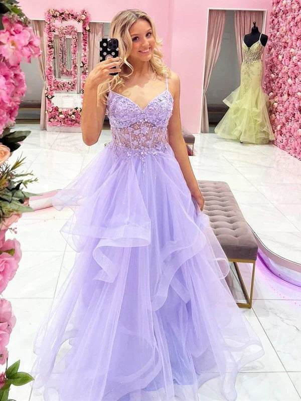 Romantic A-Line Spaghetti Strap Lace Lavender Floor-Length Party Dress
