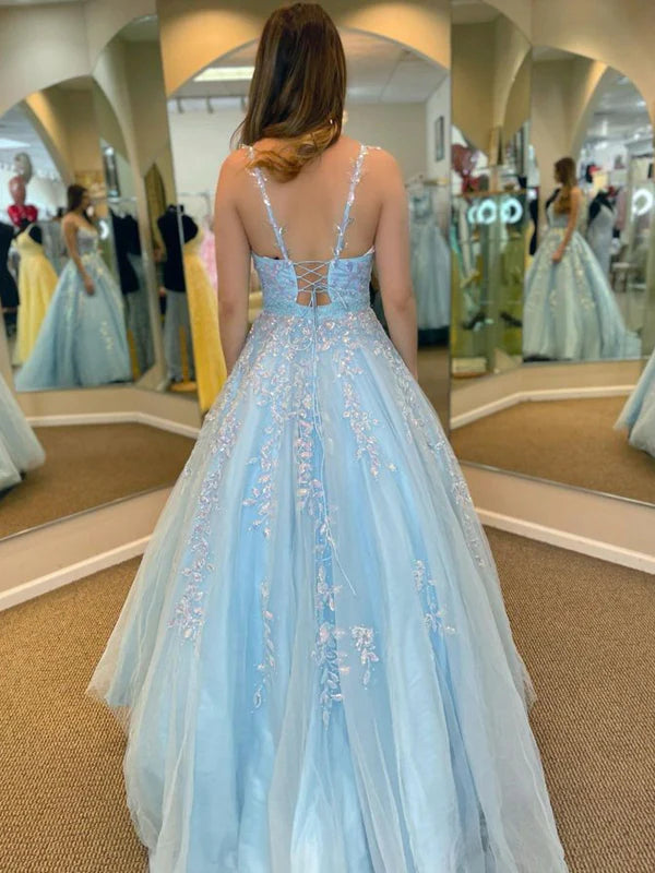 Romantic A-Line Spaghetti Strap Lace Sky Blue Floor-Length Party Dress