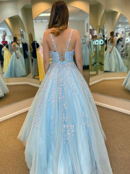 Romantic A-Line Spaghetti Strap Lace Sky Blue Floor-Length Party Dress