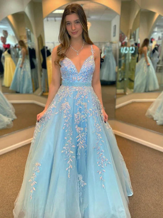 Romantic A-Line Spaghetti Strap Lace Sky Blue Floor-Length Party Dress
