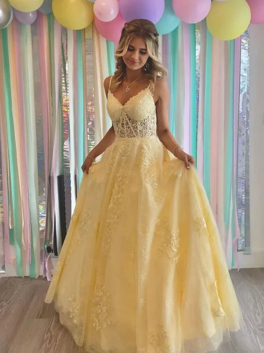 Romantic A-Line Spaghetti Strap Lace Yellow Floor-Length Evening Dress
