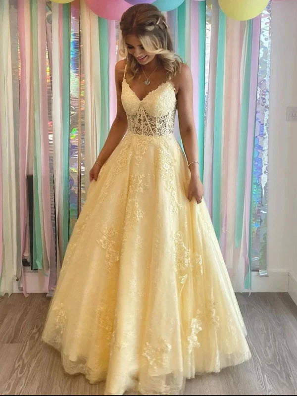 Romantic A-Line Spaghetti Strap Lace Yellow Floor-Length Evening Dress