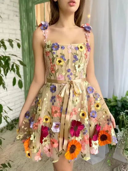 Romantic A-Line Square Neck Corset Floral Sash Champagne Mini Homecoming Dress