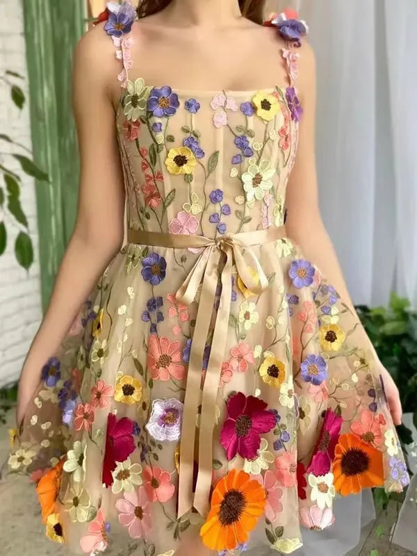 Romantic A-Line Square Neck Corset Floral Sash Champagne Mini Homecoming Dress