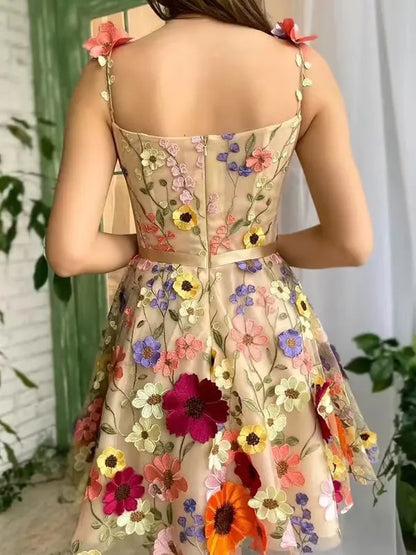 Romantic A-Line Square Neck Corset Floral Sash Champagne Mini Homecoming Dress