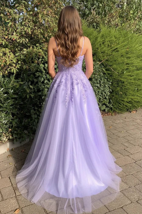 Romantic A-Line Square Neck Spaghetti Strap Lace Lavender Prom Dress
