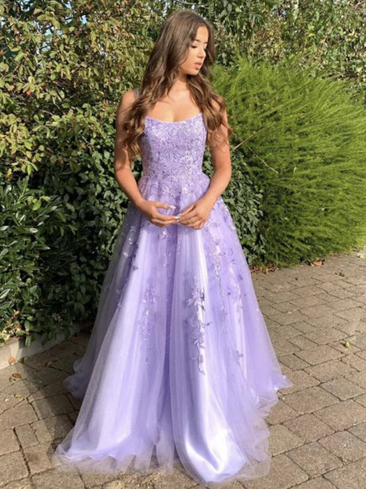 Romantic A-Line Square Neck Spaghetti Strap Lace Lavender Prom Dress
