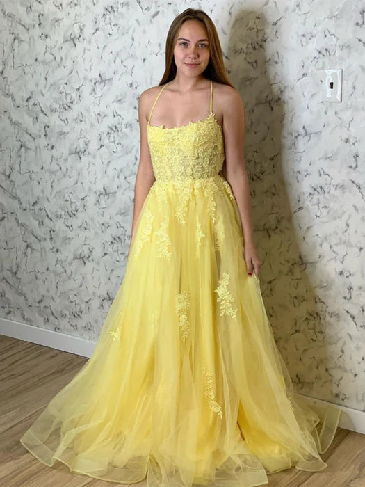Romantic A-Line Square Neck Spaghetti Strap Lace Yellow Prom Dress