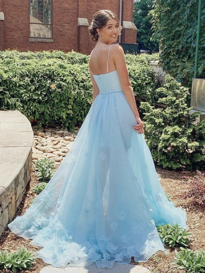 Romantic A-Line Square Neck Strap 3D Floral Sky Blue Prom Dress