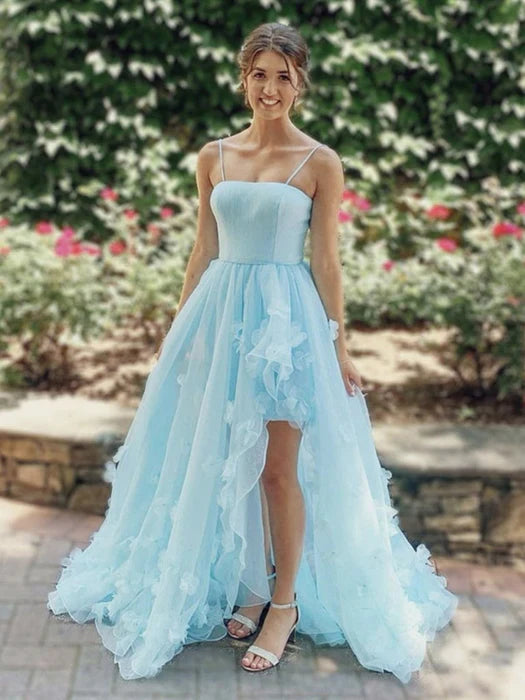 Romantic A-Line Square Neck Strap 3D Floral Sky Blue Prom Dress